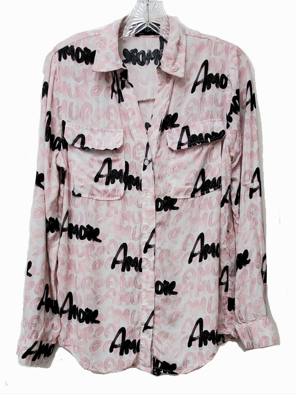Milk & Honey Graphic Amore Script Print Button-Up Shirt in Pink & Black Size S